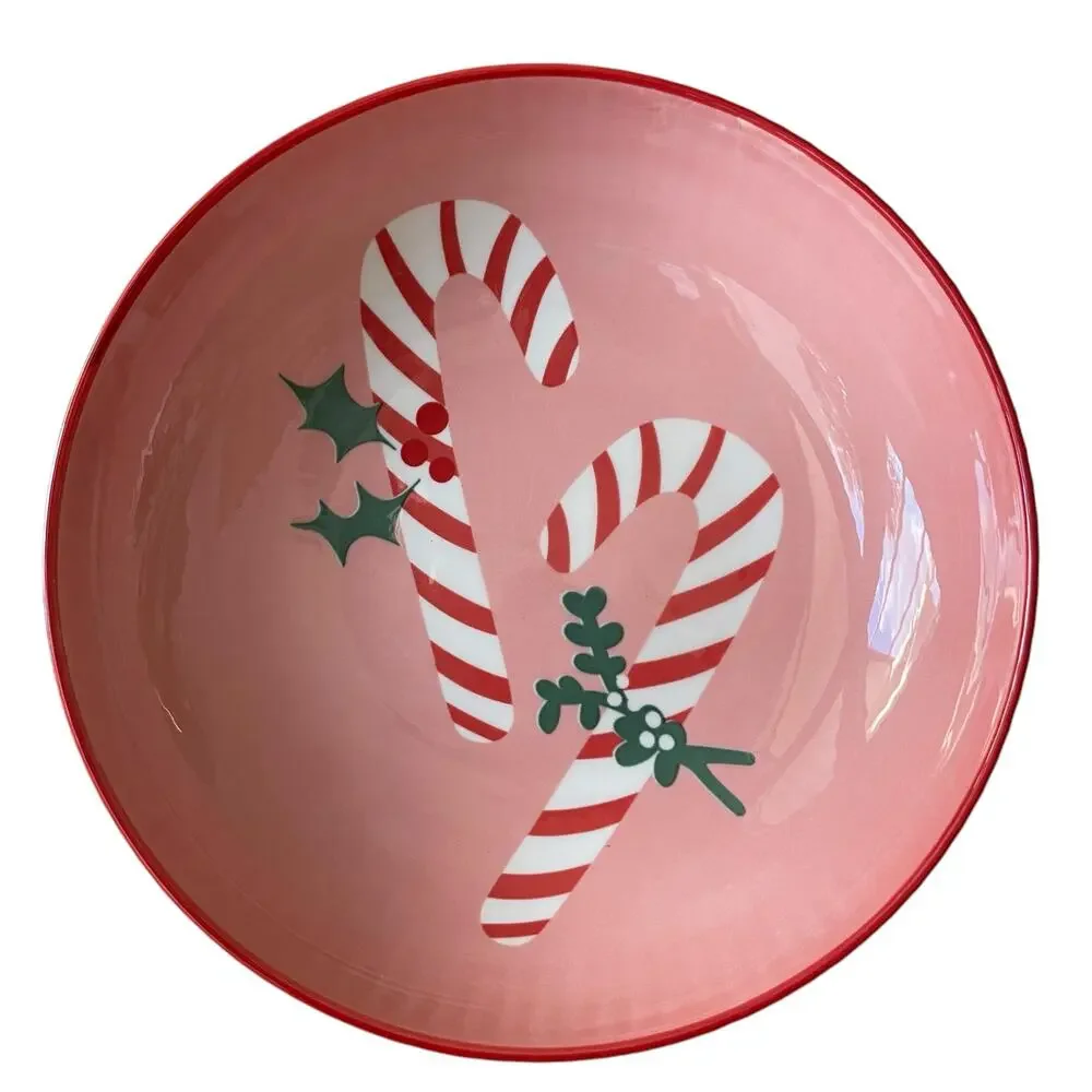 Christmas Candy Cane Dinner Bowl Set of 4 Ceramic Pink Red PrimaDesign Holiday